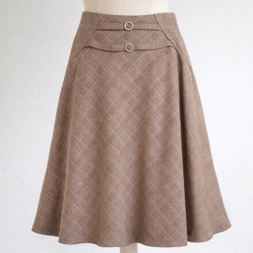 Anthropologie Elevenses Plaid A-Line Skirt Pink Brown Rhinestone Buckle 12